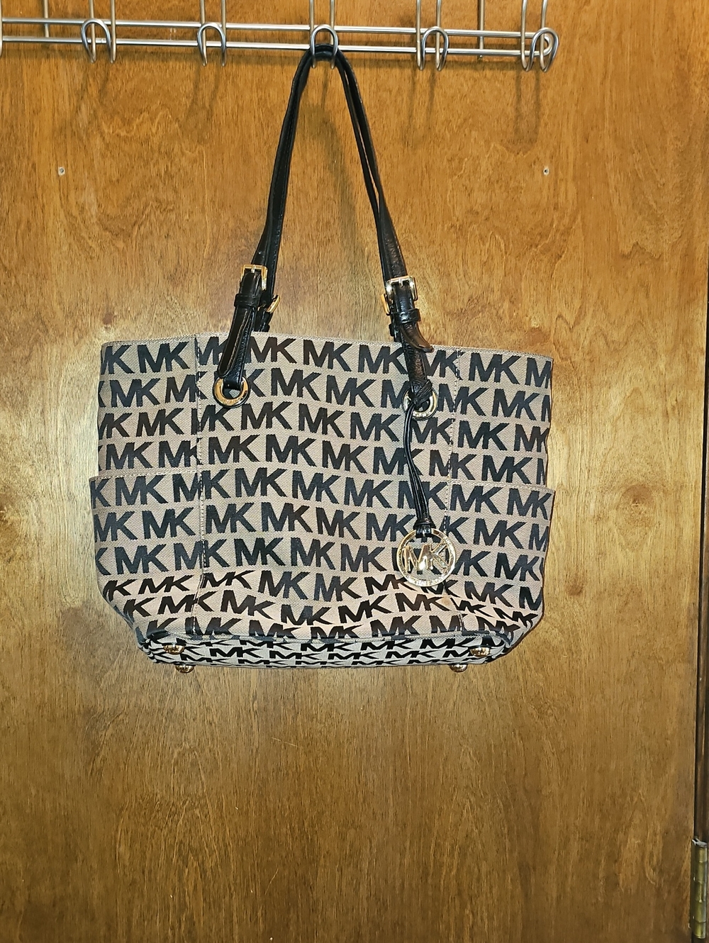 Michael Kors Beige and Black MK Logo Tote with Gold Charm